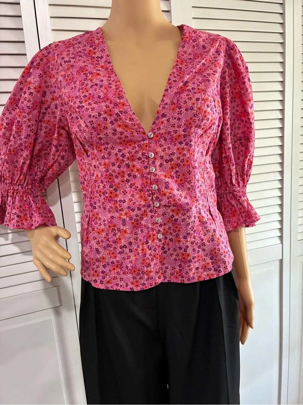 Free People Pink Floral Button V-Neck Blouse